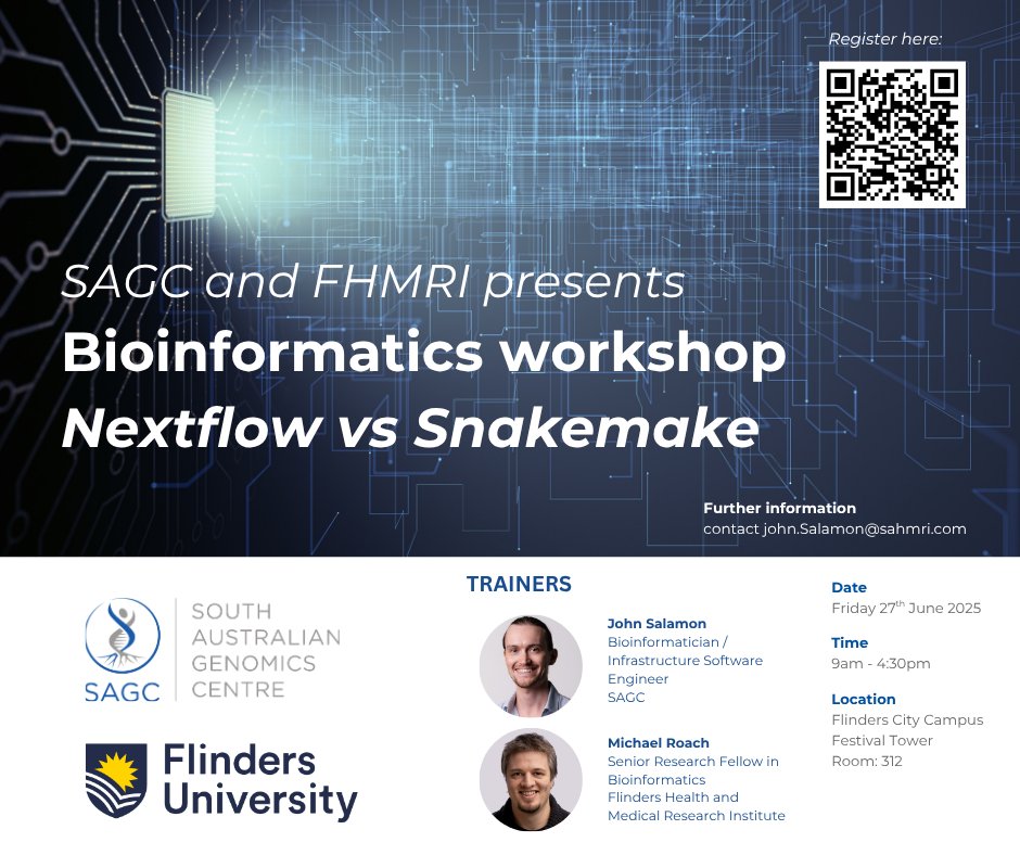 SA_genomics's tweet image. 🧬💻 Upcoming Bioinformatics Workshop (by @SA_genomics + @FlindersHMRI). Curious about workflow tools? Join us Fri 27 June to learn how to streamline your analyses and compare the usability, flexibility, and performance.
📍 Flinders City
🕘 9-5
🔗 RSVP: rb.gy/8egg6y