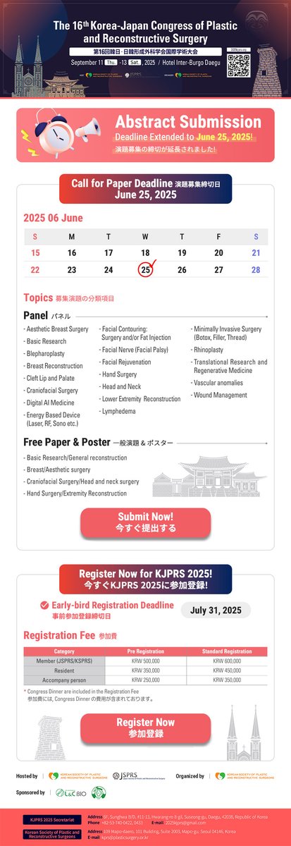2025KJPRS's tweet photo. ⏰ There's still time! ─ Our 4th newsletter is out now!
We‘re accepting Free Paper and Poster in the following categories:

👉Basic Research / General Reconstruction
👉Breast / Aesthetic Surgery
👉Craniofacial / Head &amp; Neck Surgery
👉Hand Surgery / Extremity Reconstruction https://t.co/RjGNy2Ddzr