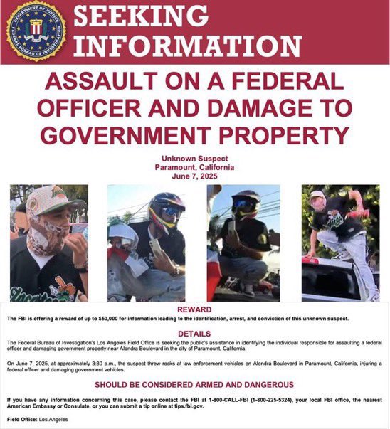 🚨Alert: MOST WANTED!! $50K Reward by the FBI for Paramount, CA attacker criminal, whereabouts, who attacked an officer and DAMAGED government vehicles with ROCKS!! 

He’s armed and dangerous!!Report any information immediately!!!