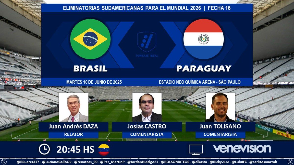 Puntaje Ideal (@puntaje_ideal) on Twitter photo ⚽ #EliminatoriasSudamericanas | 🇧🇷 #Brasil vs. #Paraguay 🇵🇾
🎙 Relator: <a href="/JuanADaza/">Juan Andrés Daza Dávila</a>
🎙 Comentarista: <a href="/josicazam/">Josias Castro</a> - <a href="/juantolisano/">Juan D Tolisano</a>
📺 <a href="/venevision/">Venevision</a> 🇻🇪 (al término de 🇺🇾🇻🇪)
💻📱 Venevisión Play 🇻🇪
🤳 #GritaGolPorVV - <a href="/DeportivasVV/">Deportivas VV</a>
Dale RT 🔃 ⚽ #EliminatoriasSudamericanas | 🇧🇷 #Brasil vs. #Paraguay 🇵🇾
🎙 Relator: <a href="/JuanADaza/">Juan Andrés Daza Dávila</a>
🎙 Comentarista: <a href="/josicazam/">Josias Castro</a> - <a href="/juantolisano/">Juan D Tolisano</a>
📺 <a href="/venevision/">Venevision</a> 🇻🇪 (al término de 🇺🇾🇻🇪)
💻📱 Venevisión Play 🇻🇪
🤳 #GritaGolPorVV - <a href="/DeportivasVV/">Deportivas VV</a>
Dale RT 🔃