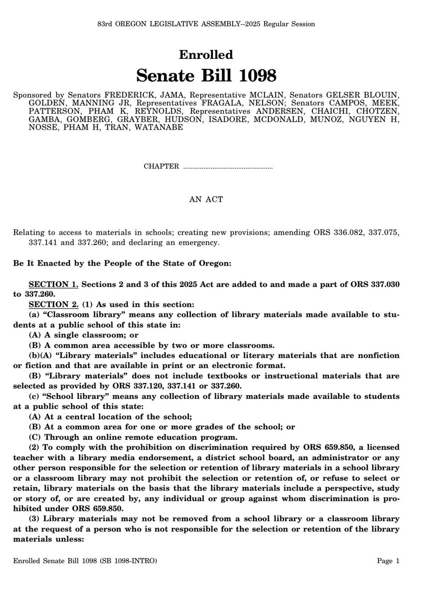Rep. Travis E. Nelson 🩺 (@iamtravisnelson) on Twitter photo Teamed up with my mentor and colleague Senator <a href="/LewFrederick/">LewFrederick</a> on getting SB 1098 across the finish line today! This bill makes it clear that books cannot be banned in Oregon due the race or protected class of the author or characters.
#orpol #orleg Teamed up with my mentor and colleague Senator <a href="/LewFrederick/">LewFrederick</a> on getting SB 1098 across the finish line today! This bill makes it clear that books cannot be banned in Oregon due the race or protected class of the author or characters.
#orpol #orleg