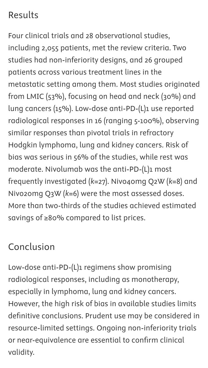 New Systematic Review (Cancer Cell, June 2025)
💉 Low-dose PD-(L)1 for Cancer Immunotherapy
Largest Review till date 
📊 32 studies | 2,055 pts
✅ &gt;65% showed ≥80% cost savings
🧬 Responses seen in HL, lung, RCC 
🏥 53% studies from LMICs
🧠 Bottom line:
💸 Promising for access.