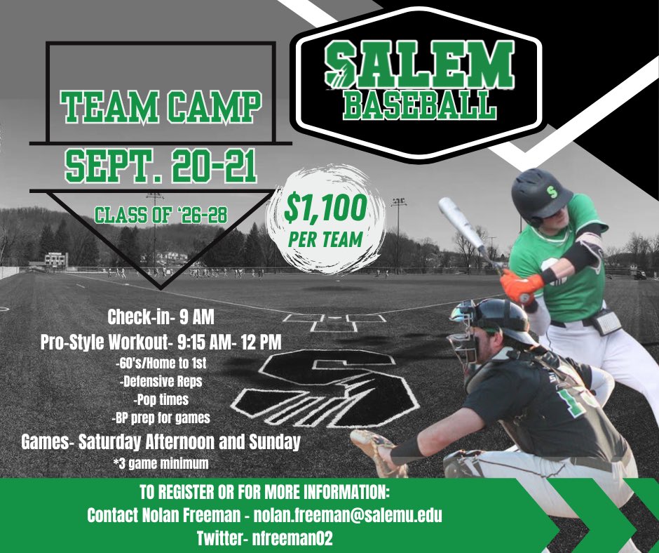 ⚾️ Save the Dates⚾️
 
Excited to announce our 3rd Annual Tiger Team Camp!  Already have 2 teams signed up, looking to add more! Camps dates are September 20-21! Please reach out to myself via email Nolan.freeman@salemu.edu or Twitter! 
<a href="/SalemBSBL/">Salem Baseball</a>