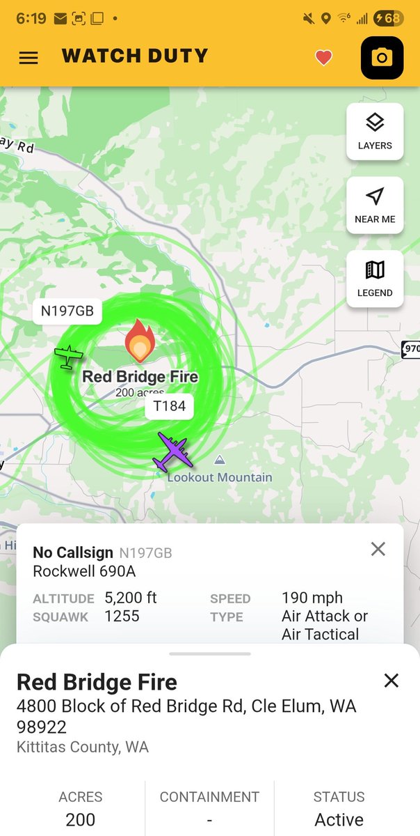 Borrowed7Time's tweet photo. The #RedBridgeFire in Cle Elum WA has burned 200+ acres with no containment. Aircraft are on scene assisting ground crews:
N197GB, N42FC Air Attack
N911MR Type 2 heli (Kittitas Co FD)
N947AC, N416AC Airtankers
@sipjack1776 @Wa_fire_watch https://t.co/urqr0qZPLo