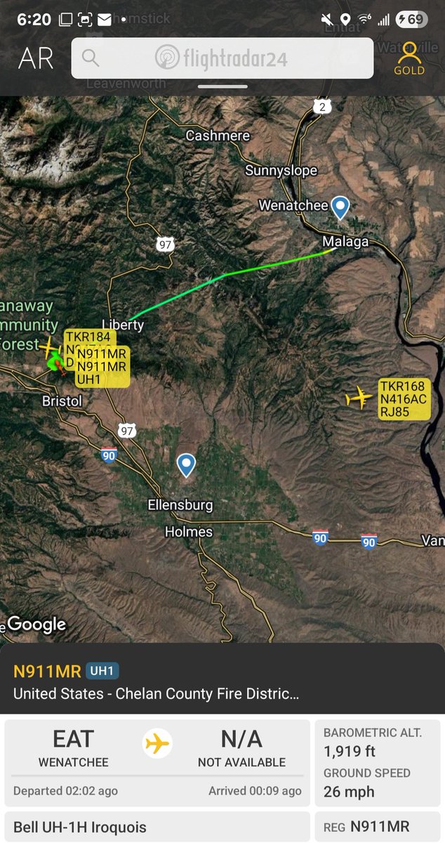 Borrowed7Time's tweet photo. The #RedBridgeFire in Cle Elum WA has burned 200+ acres with no containment. Aircraft are on scene assisting ground crews:
N197GB, N42FC Air Attack
N911MR Type 2 heli (Kittitas Co FD)
N947AC, N416AC Airtankers
@sipjack1776 @Wa_fire_watch https://t.co/urqr0qZPLo