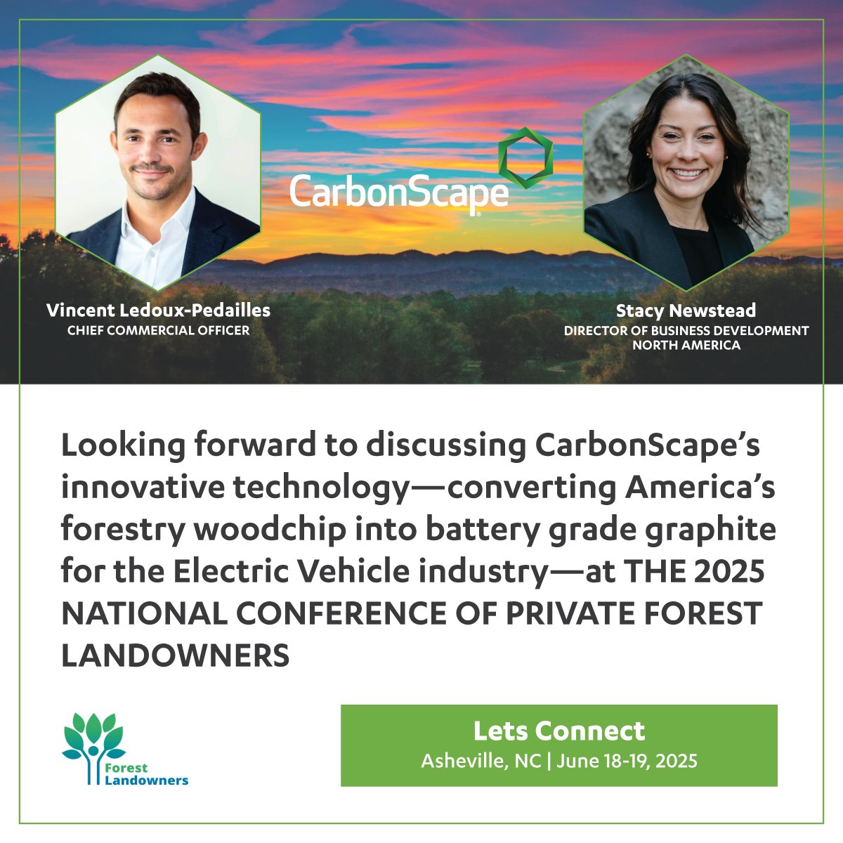 🌲🔋 <a href="/CarbonScape/">CarbonScape - Sustainable Battery Technology</a> are at the National Conference of Private Forest Landowners discussing how we transform wood chips into EV battery graphite—turning forestry challenges into electric solutions.
Read more: carbonscape.com/latest-news/th…
