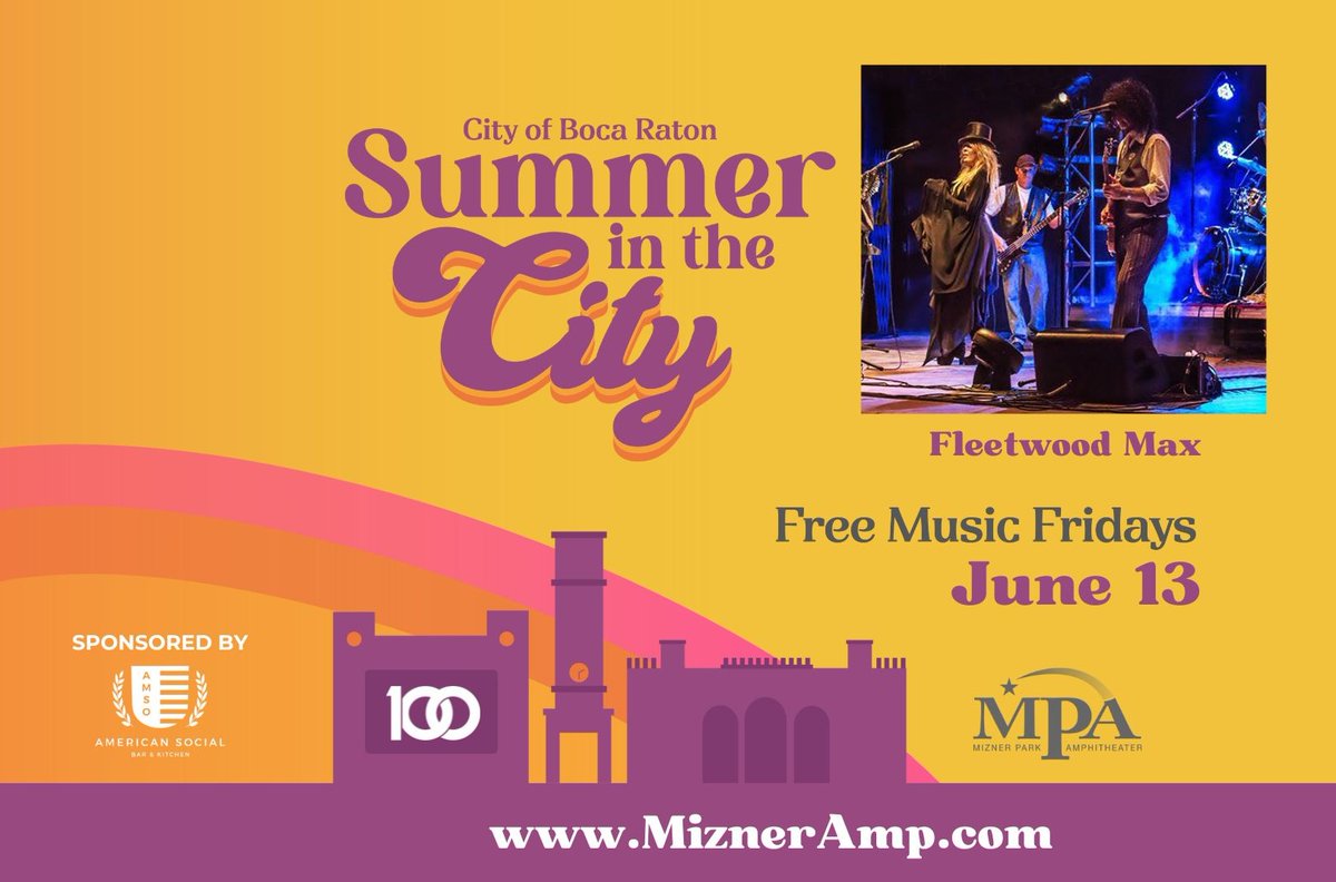 Mizner Amphitheater (@miznerparkamphi) on Twitter photo 🕊️ Go your own way… straight to Mizner Park! Summer in the City kicks off this week…Fri, June 13 with a Fleetwood Max…a Fleetwood Mac Tribute 🎸 Free show, 8 PM! Doors open at 7 PM. #Boca100 #MPA <a href="/CityBocaRaton/">City of Boca Raton</a> <a href="/BocaRecreation/">Boca Raton Recreation</a> <a href="/downtownboca/">Downtown Boca</a> 🕊️ Go your own way… straight to Mizner Park! Summer in the City kicks off this week…Fri, June 13 with a Fleetwood Max…a Fleetwood Mac Tribute 🎸 Free show, 8 PM! Doors open at 7 PM. #Boca100 #MPA <a href="/CityBocaRaton/">City of Boca Raton</a> <a href="/BocaRecreation/">Boca Raton Recreation</a> <a href="/downtownboca/">Downtown Boca</a>