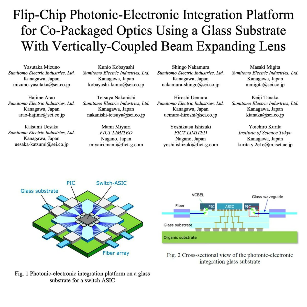 semivision_tw's tweet image. 🌈SemiVision : At #ECTC 2025, Sumitomo Electric presented a groundbreaking paper titled “Flip-Chip Photonic-Electronic Integration Platform for Co-Packaged Optics using a #Glass Substrate with Vertically-Coupled Beam Expanding Lens.” This work introduces an innovative #CPO