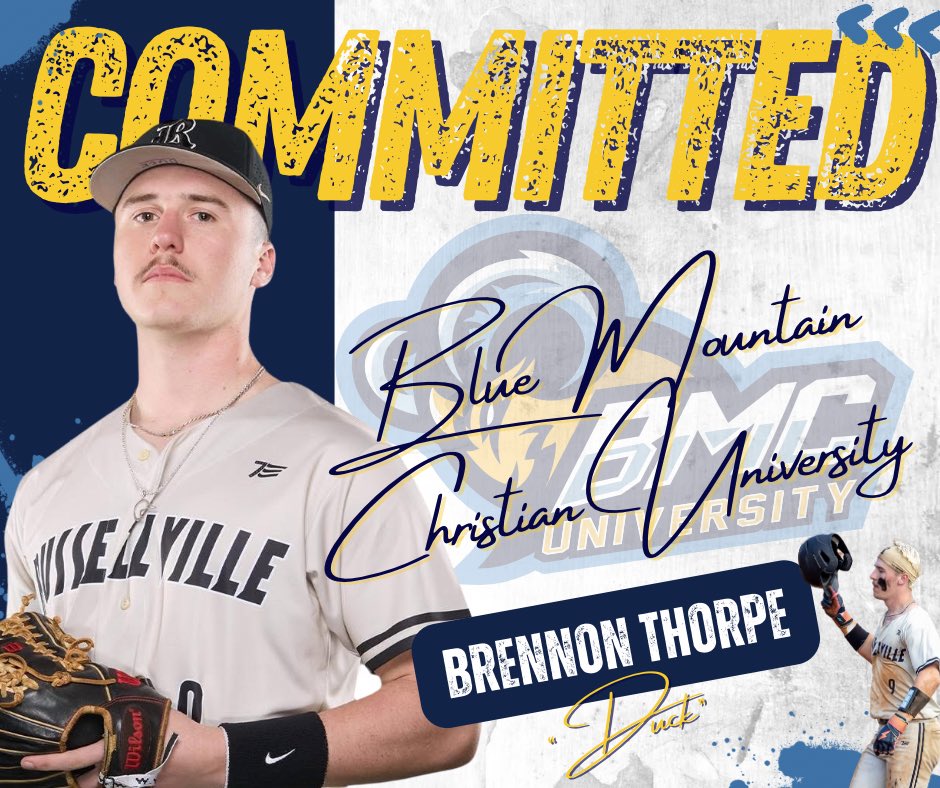 Brennon Thorpe (@duckthorpe9) on Twitter photo Blessed to announce my commitment to further my athletic and academic career at Blue Mountain Christian University! I would like to thank my family, coaches, and teammates for getting me to this point! Go Toppers!
<a href="/BMC_BSB/">Blue Mountain Christian Baseball</a> <a href="/cookj18/">Jeffrey Cook</a>
<a href="/RussellvilleBB/">RussellvilleBaseball</a> <a href="/JSmitty_13/">Jess Smith</a> Blessed to announce my commitment to further my athletic and academic career at Blue Mountain Christian University! I would like to thank my family, coaches, and teammates for getting me to this point! Go Toppers!
<a href="/BMC_BSB/">Blue Mountain Christian Baseball</a> <a href="/cookj18/">Jeffrey Cook</a>
<a href="/RussellvilleBB/">RussellvilleBaseball</a> <a href="/JSmitty_13/">Jess Smith</a>