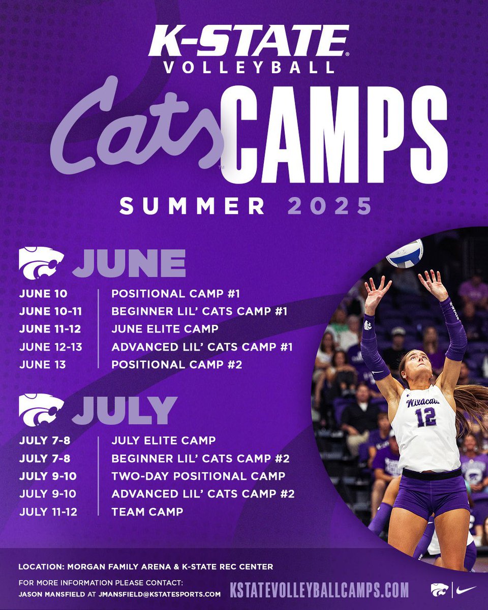 K-State Volleyball (@kstatevb) on Twitter photo There’s still time to join us this summer for Cats Camps 🎉🏐
Visit kstatevolleyballcamps.com or contact Coach Mansfield at jmansfield@kstatesports.com for more information! There’s still time to join us this summer for Cats Camps 🎉🏐
Visit kstatevolleyballcamps.com or contact Coach Mansfield at jmansfield@kstatesports.com for more information!