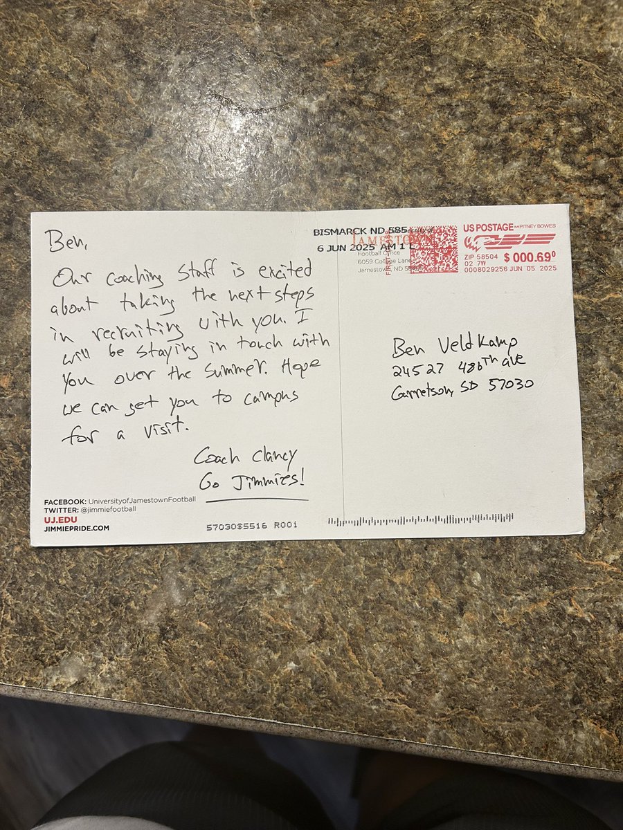 veldkampben18's tweet image. Thank you @CoachSClancy for the hand written letter, I can’t wait to take this next step in the recruiting process. Super excited to get up to campus sometime this summer for a visit!!!