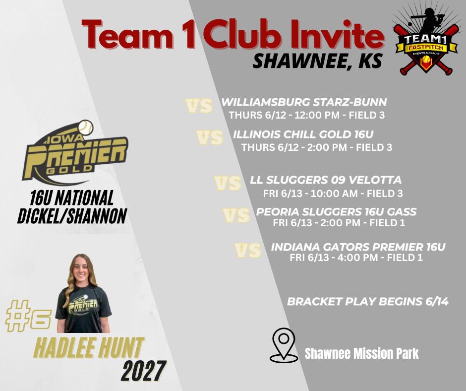 HadleeHunt2027 (@hadleehunt10) on Twitter photo Schedule drop for this weekend in Shawnee, KS at the Team 1 Club Invite! I am excited to attend the camp Wednesday (evening session) and compete with my team!! Coaches come check us out! <a href="/IowaPremierFP/">Iowa Premier Fastpitch</a>
<a href="/PaigeShannonIPF/">Paige Shannon</a>
<a href="/OliviaHPaz1997/">Olivia Paz</a> Schedule drop for this weekend in Shawnee, KS at the Team 1 Club Invite! I am excited to attend the camp Wednesday (evening session) and compete with my team!! Coaches come check us out! <a href="/IowaPremierFP/">Iowa Premier Fastpitch</a>
<a href="/PaigeShannonIPF/">Paige Shannon</a>
<a href="/OliviaHPaz1997/">Olivia Paz</a>