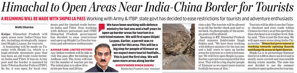 Nidhi (@nidhi_sharma) on Twitter photo Himachal Pradesh will open areas near India-China border to tourists. A beginning will be made today at Shipki La pass in Kinnaur district. Himachal chief minister <a href="/SukhuSukhvinder/">Sukhvinder Singh Sukhu</a> tells <a href="/ETPolitics/">ET Politics</a> how only an Aadhar card will be required to access this strategic pass and other Himachal Pradesh will open areas near India-China border to tourists. A beginning will be made today at Shipki La pass in Kinnaur district. Himachal chief minister <a href="/SukhuSukhvinder/">Sukhvinder Singh Sukhu</a> tells <a href="/ETPolitics/">ET Politics</a> how only an Aadhar card will be required to access this strategic pass and other