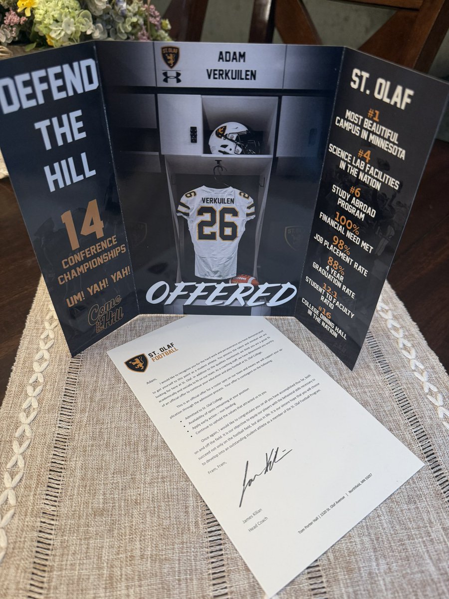 adamverkuilen07's tweet image. Just received my first offer from @StOlafFB and I’m beyond excited and grateful for the opportunity! Thank you to everyone who has supported me! @ParkCenterFB @Jsal17 @JamesKilian