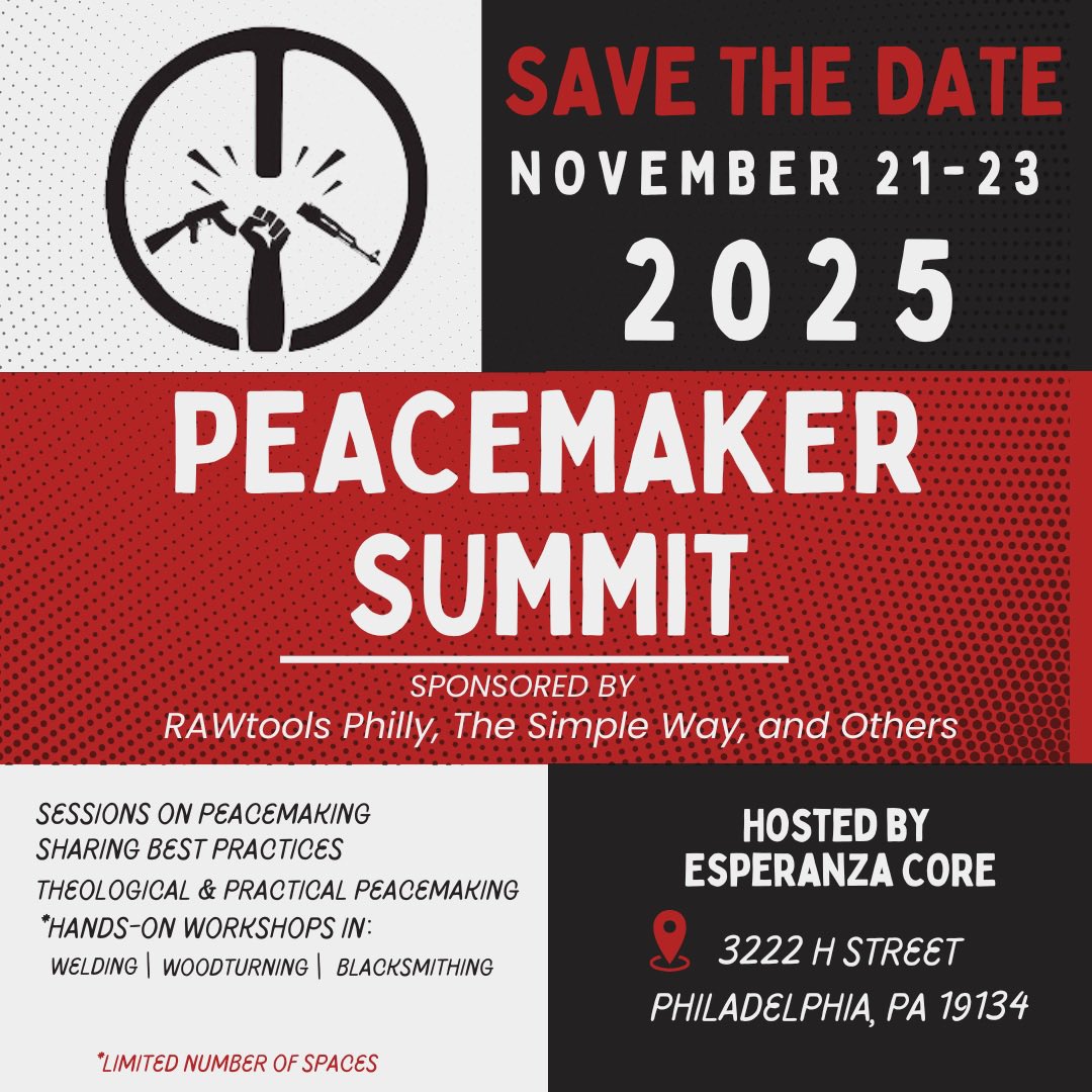 ***SAVE THE DATE***
November 21-23 we will host our annual Peacemaker Summit in Philly. It’s going to be epic. 

More info and a link to register coming soon… for now lock it in the calendar.