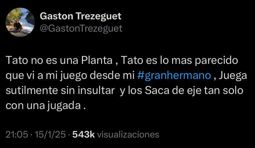 <a href="/GastonTrezeguet/">Gaston Trezeguet</a> Te duele?
Soportalo. 💕💕💕

Santiago “Tato” el uruguayo es el GOAT de esta edición de #GranHermano
#TatoALaFinal
#LuzALaFinal