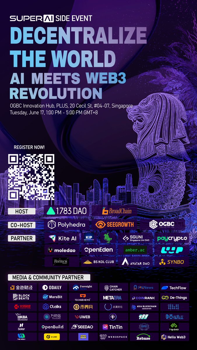 1783Dao's tweet photo. 🚨1783DAO @ SuperAI Singapore Side Event 🚨
Asia’s AI summit meets Web3 innovation!
🔥 Decentralize the World: AI Meets Web3 Revolution
🗓️ June 17 | 1–5 PM (GMT+8)
📍 OGBC Innovation Hub, Singapore
⭐ An spotlight event of SuperAI @superai_conf (by TOKEN2049 @token2049 ) during Singapore AI Week
👥 14+ elite speakers from Harvard,Berkeley,HKU,NUS, SJTU,Polyhedra,KITE AI,KIP Protocol,Amber & more
🚀 Topics include:
• AI Agents in Web3
• Decentralized AI (DeAI)
• Vibe Coding & Prompt Dev
• Infrastructure Boom: AI × Web3
🏆 Hosted by:
@1783Dao × @broadchain_info
🤝 Co-hosted by:
@PolyhedraZK @SeeGrowthX @OGBCHub
🔗 Partners:
KITE AI @GoKiteAI , KIP Protocol @KIPprotocol , HF RealX @HF_Realx , PayCrypto @PayCryptoCom ,Singapore Uni DAO(SGUni DAO) @sgunidao, Moledao @moledao_io , OpenEden @OpenEden_X , https://t.co/nKYWtVQlC7 @amber_ac_ , LOOP SPACE @LOOPSPACE_INTL ,
NUS FinTech Lab @nus_lab , BS Kol Club @BSKolClub , AvatarDAO, SYNBO Protocol @SynboLabs
🎤 Moderator: Gala @gala202406 from Polyhedra | EX OKX Web3,Forbes U30
🎟️ Register: https://t.co/TohDUaWpCc
🌐 Join us at one of SuperAI’s spotlight side event to explore the future of decentralized intelligence.
16-22 June 2025,7 days, 100+ events, 100+ global communities.
Singapore AI Week will transform the city with the year's widest range of meet-ups, workshops, hackathons, and parties—creating unparalleled networking opportunities.
#SuperAI #Web3 #AI #DeAI #AIAgents #1783DAO #Broadchain #Singapore #SGAIWeek #AIWeek2025