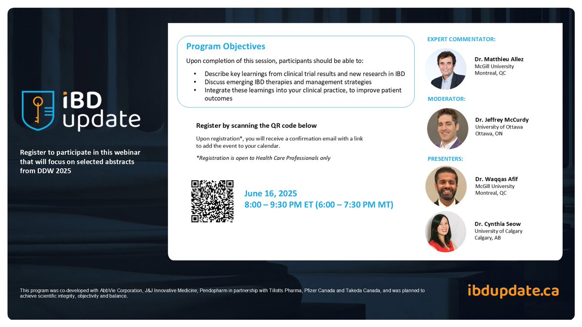 Waqqas Afif, MD (@waqqasafif) on Twitter photo Please join us for our post DDW 2025 IBD Update on Monday June 16th at 8 PM EST to review the top 5 presented IBD abstracts. Expert commentary by <a href="/MatthieuAllez/">Matthieu Allez</a> <a href="/GI_JeffMD/">Jeffrey McCurdy MD PhD</a> <a href="/MondayNightIBD/">#MondayNightIBD</a> <a href="/CanGastroAssn/">CAG</a>
Register at us02web.zoom.us/webinar/regist… Please join us for our post DDW 2025 IBD Update on Monday June 16th at 8 PM EST to review the top 5 presented IBD abstracts. Expert commentary by <a href="/MatthieuAllez/">Matthieu Allez</a> <a href="/GI_JeffMD/">Jeffrey McCurdy MD PhD</a> <a href="/MondayNightIBD/">#MondayNightIBD</a> <a href="/CanGastroAssn/">CAG</a>
Register at us02web.zoom.us/webinar/regist…