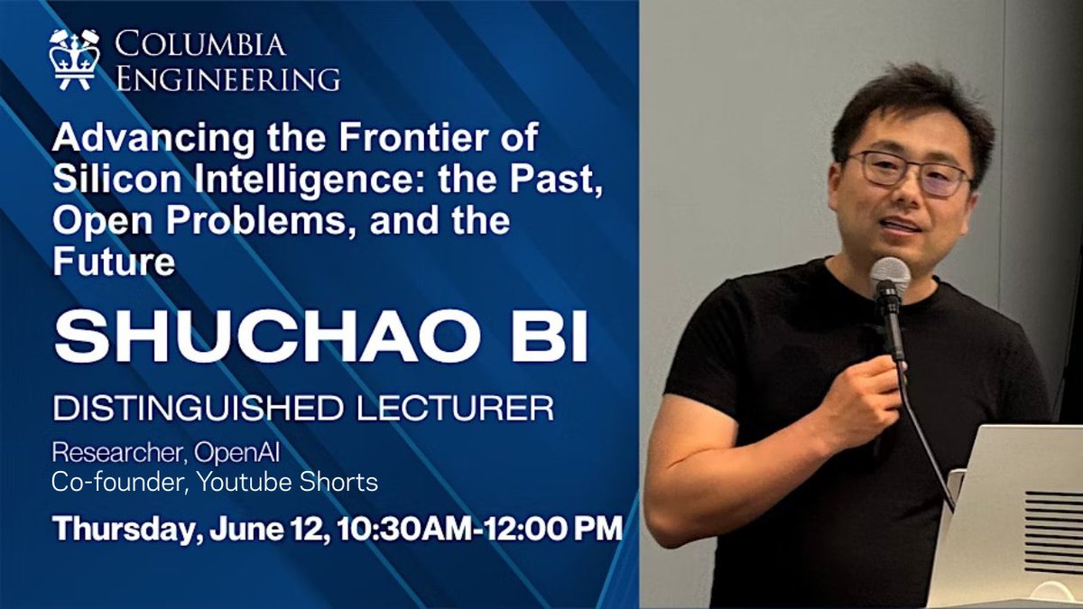 Don't miss this June 12 Distinguished Lecture featuring OpenAI researcher and co-founder of YouTube Shorts, Shuchao Bi! 

Learn about the past 15 years of AI progress, gain insights into the current challenges, and explore what the future holds for artificial intelligence through