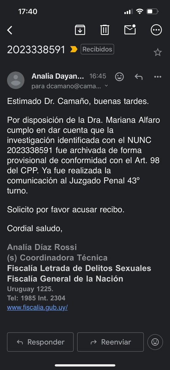 Fiscalía dispuso el archivo de la denuncia por acoso y abuso de que fui objeto en Fiscalía. Un año y medio después, respetando de mi lado, en todo momento, la independencia de Fiscalía y del Tribunal de Conducta Política, se cierra un capítulo doloroso e injusto, que invita a