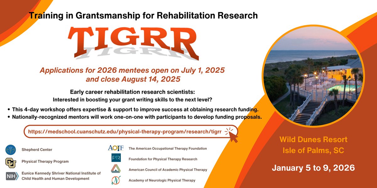Thinking about taking your research career to the next level? 🔬 The #TIGRR2026 workshop has helped hundreds of early-career investigators   succeed - and your chance to join is coming soon! 📅Applications open July 1.  

medschool.cuanschutz.edu/physical-thera…