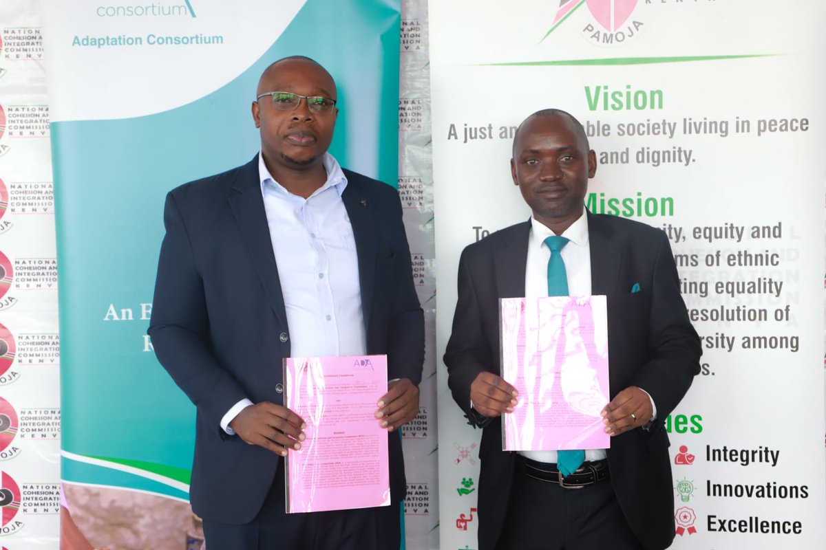 adaconsortium's tweet photo. @NCIC_Kenya and @adaconsortium have today signed an MoU to promote conflict-sensitive climate adaptation in Kenya. The partnership will foster knowledge sharing and capacity building to jointly advance inclusive, resilient climate action, while strengthening peaceful coexistence. https://t.co/39QUMFJPxl