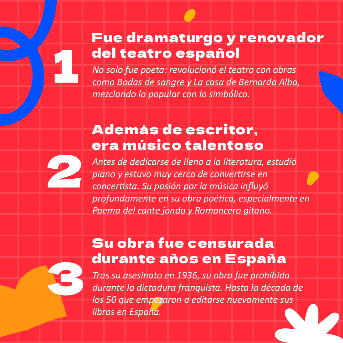 Editor_UAEMex's tweet image. #DatosCuriosos:
✨📚 Detrás del poeta hay un músico, un viajero, un renovador del teatro y un creador de imágenes inolvidables. Federico García Lorca no solo escribió versos, ¡hizo del lenguaje arte puro!
¿Conoces alguna obra suya que te haya marcado?
@SDC_UAEMex @UAEM_MX
