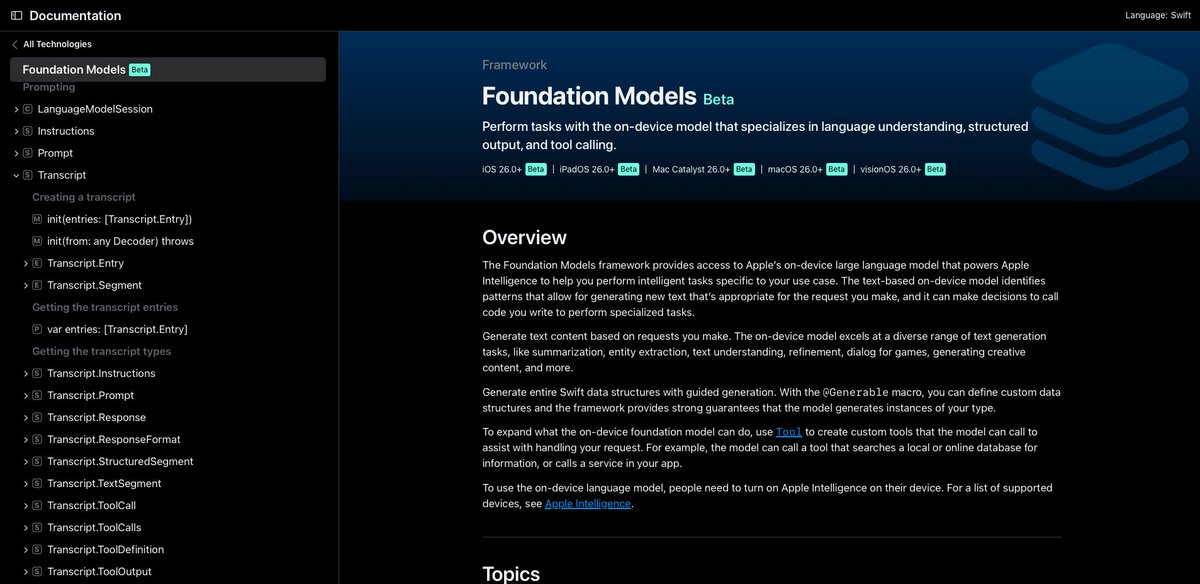praeclarum's tweet photo. Very sweet: Foundation Models has support for structured output, tool calls, and transcripts. Looks well-designed. https://t.co/FHV26LIp9x #WWDC25 https://t.co/w4GMGak5Qm