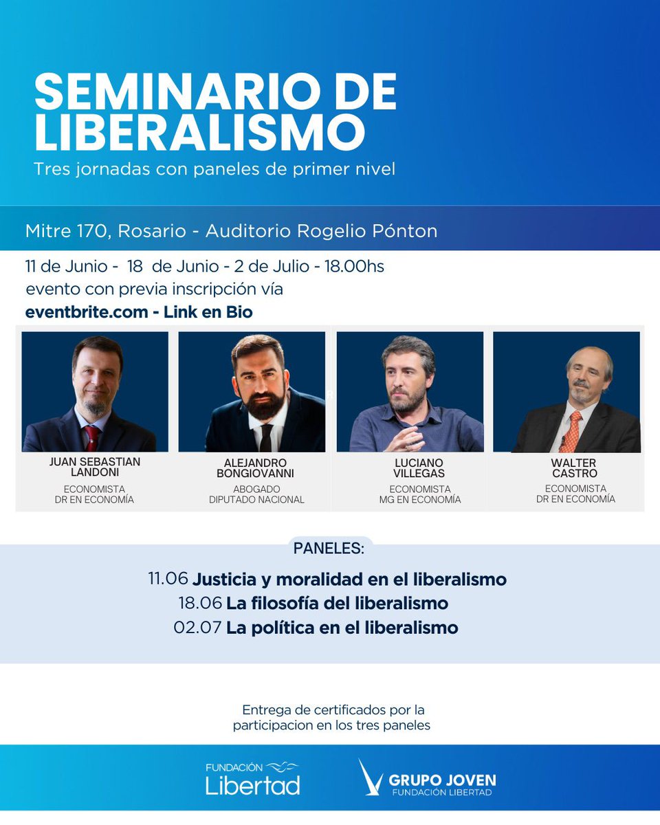 Este miércoles arranca el Seminario de Liberalismo en <a href="/FundLibertadRos/">Fundación Libertad</a>, Abajo el link de inscripcion y toda la info para los que quieran ser parte 🤓👇

eventbrite.com.ar/e/seminario-de…