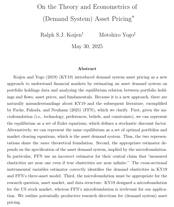 Koijen &amp; Yogo's (2019) demand system approach transformed asset pricing by linking portfolio data to demand elasticities. But why are estimated elasticities so low (around 1) when classical models say they should be much higher?

Enter Fuchs, Fukuda &amp; Neuhann (2025)
