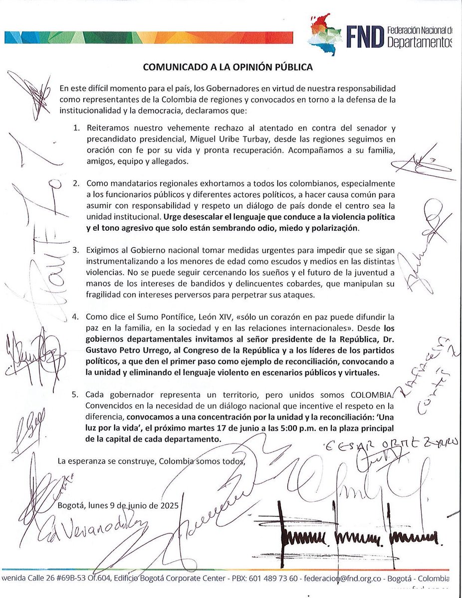 NTN24's tweet photo. La Federación Nacional de Departamentos de Colombia (@FNDCol) hace un llamado a "desescalar el lenguaje que conduce a la violencia política y el tono agresivo que solo están sembrando odio, miedo y polarizacion". https://t.co/fcFbGKyUWQ https://t.co/lbsKAkAX7f