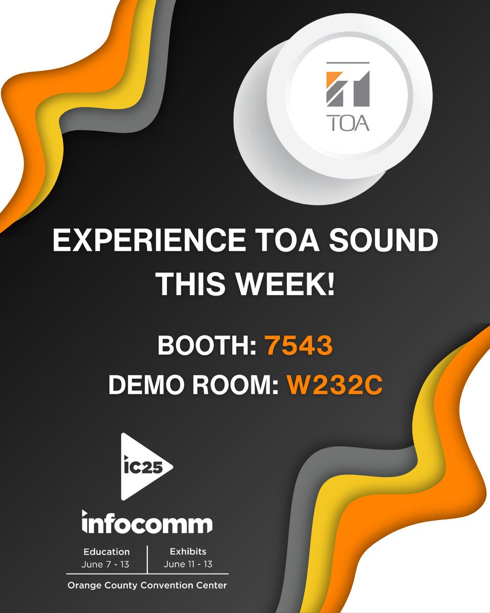 Join us this week in Orlando at #InfoComm 2025! TOA Electronics will be at Booth 7543 and Demo Room W232C in Hall D showcasing our reliable audio solutions. Don't miss out!

#InfoComm25
#IC25
#ProAV
#AudioSolutions
#TOAElectronics