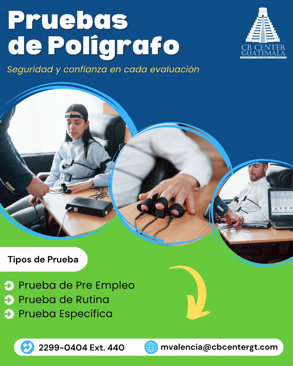 🔎 ¿Necesitas verificar la veracidad en tus procesos?
Contamos con servicio de prueba de polígrafo para procesos de:
✅ Selección de personal
✅ Investigaciones internas
✅ Control de confianza

📲 Contáctanos
🌐 Visítanos: cbcentergt.com