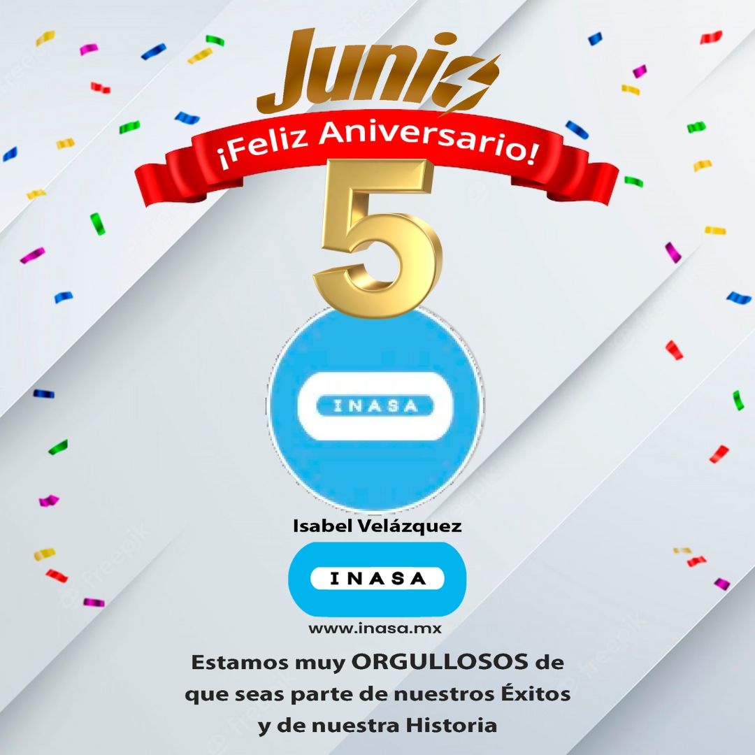 Este mes de Junio celebramos con mucha alegría sus aniversarios siendo parte de la familia INASA:

-Gilberto, quien cumple 15 años de trayectoria.
-Isabel, quien celebra 5 años de trayectoria

¡Nos sentimos orgullosos de tenerlos como parte del equipo INASA!