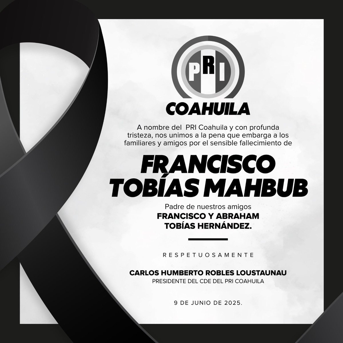 Nos unimos a la pena que embarga a la familia de nuestros amigos y compañeros de partido <a href="/AbrahamTobias/">Abraham Tobias Hdz.</a> y <a href="/franciscotobias/">Francisco Tobias</a> por el sensible fallecimiento de su señor padre.