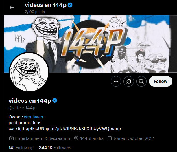 kennypwners's tweet photo. There's an account with 300k+ followers, that POSTS LOW QUALITY MEMES, with the CA in the bio, and the token is sitting at 17k right now. How is this not higher??  I aped some. $144p #144p

76jt5ppfFicUNnjn5fZjrkJb1PNBzkXPXt6UyVWQpump https://t.co/wFNjmXAuR0