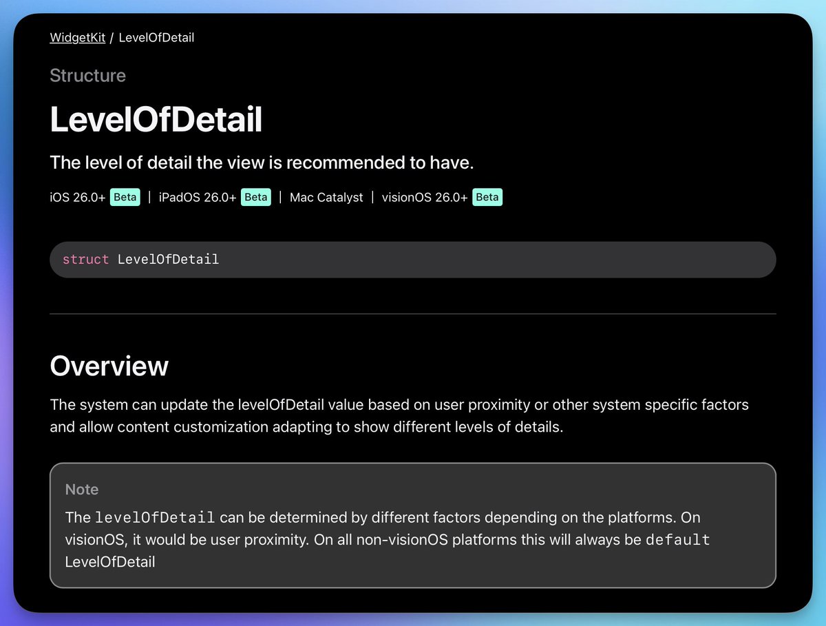 alpennec's tweet image. Level of detail for widgets in #WidgetKit + #SwiftUI environment value. Can be default or simplified.

Documentation: developer.apple.com/documentation/…