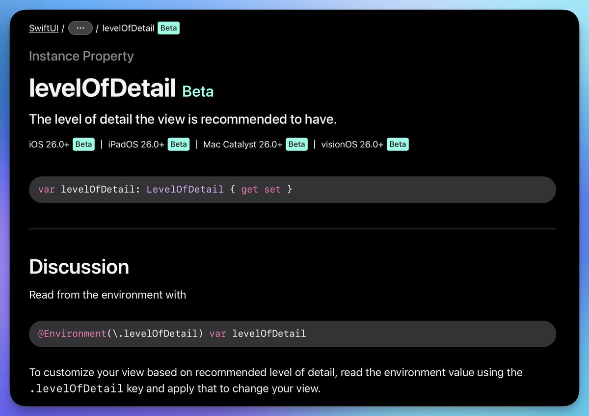 alpennec's tweet image. Level of detail for widgets in #WidgetKit + #SwiftUI environment value. Can be default or simplified.

Documentation: developer.apple.com/documentation/…