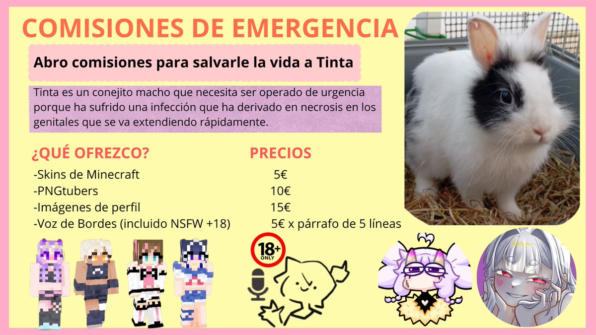 COMISIONES EMERGENCIA

Ayúdanos a salvarle la vida a Tinta, el conejito enfadón que te quiere un montón.

Toda la info la tenéis abajo.

Nos reservamos el derecho de negarnos a hacer comisiones problemáticas. 

¡Cualquier duda, DM!
ko-fi.com/ririvtuber
paypal.me/RiriVtuber