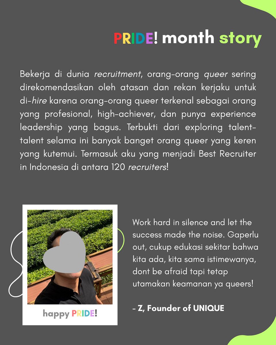 uniqueer_id's tweet photo. Keberhasilan tidak mengenal orientasi, yang penting adalah kerja keras dan dedikasi 💪🏻

Never be ashamed of your identity, but safety always comes first! Let’s make the workplace a better, more inclusive space for all 🏳️‍🌈

#UNIQUE #KitaSemuaUnique #UNIQUEER #PrideMonth https://t.co/VT8JSK0Ugg