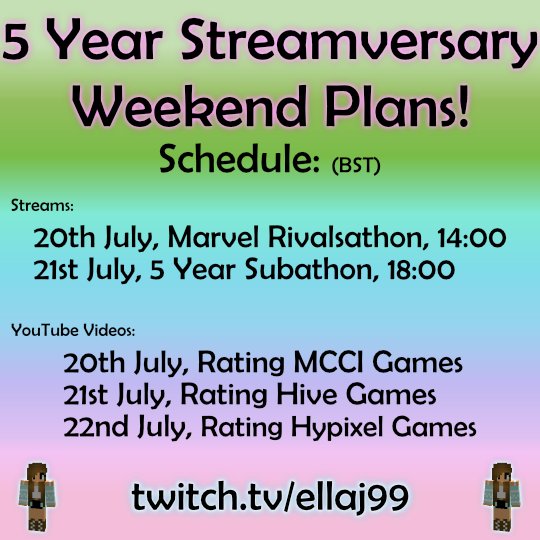 officialellaj99's tweet photo. Planned a few days of fun to celebrate my 5 year streamversary!! (22/07)
Can't believe it's been 5 years already, looking forward to the next 5.
Thank you everyone!
#twitch #gaming #streamer #subathon #streamversary #Minecraft #MarvelRivals #celebration https://t.co/eqjiwIwO6g