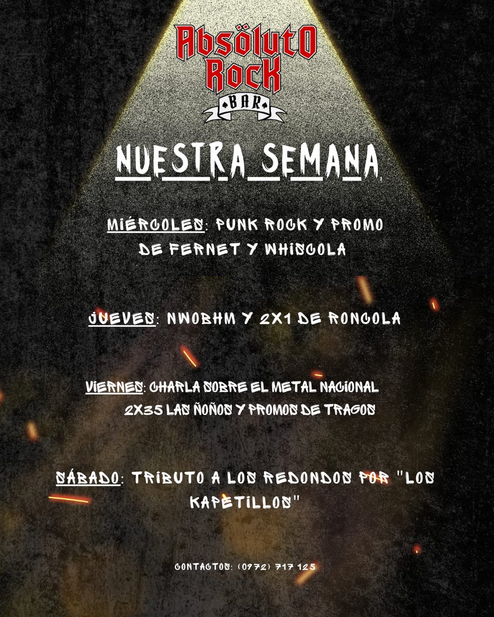 Aquí esta nuestro calendario de la semana en el #BastionDelRock

Les esperamos a partir del Miércoles a las 18 hs

Promos de cerveza y tragos 🍺🍹 

Consulta o reservas al 0972717125

#AbsolutoRockBar
#CalendarioDeLaSemana
#Cerveza
#Tragos