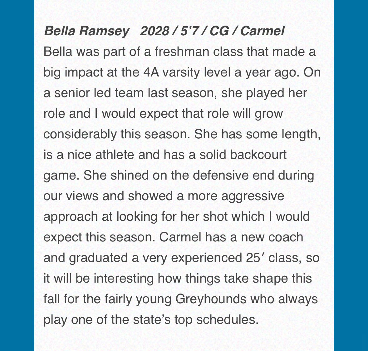 Bella Ramsey (@bella_ramsey3) on Twitter photo Thanks <a href="/coachbeckett/">IGBRR Hoops</a> for attending the Carmel Shootout and for the write-up! It was great getting back on the court with my <a href="/CHS_Womensbball/">Carmel Girl’s Basketball</a> team.
<a href="/WVaThunderRiego/">West Virginia Thunder Riego</a> <a href="/WVThunderUAA/">West Virginia Thunder UAA</a> Thanks <a href="/coachbeckett/">IGBRR Hoops</a> for attending the Carmel Shootout and for the write-up! It was great getting back on the court with my <a href="/CHS_Womensbball/">Carmel Girl’s Basketball</a> team.
<a href="/WVaThunderRiego/">West Virginia Thunder Riego</a> <a href="/WVThunderUAA/">West Virginia Thunder UAA</a>