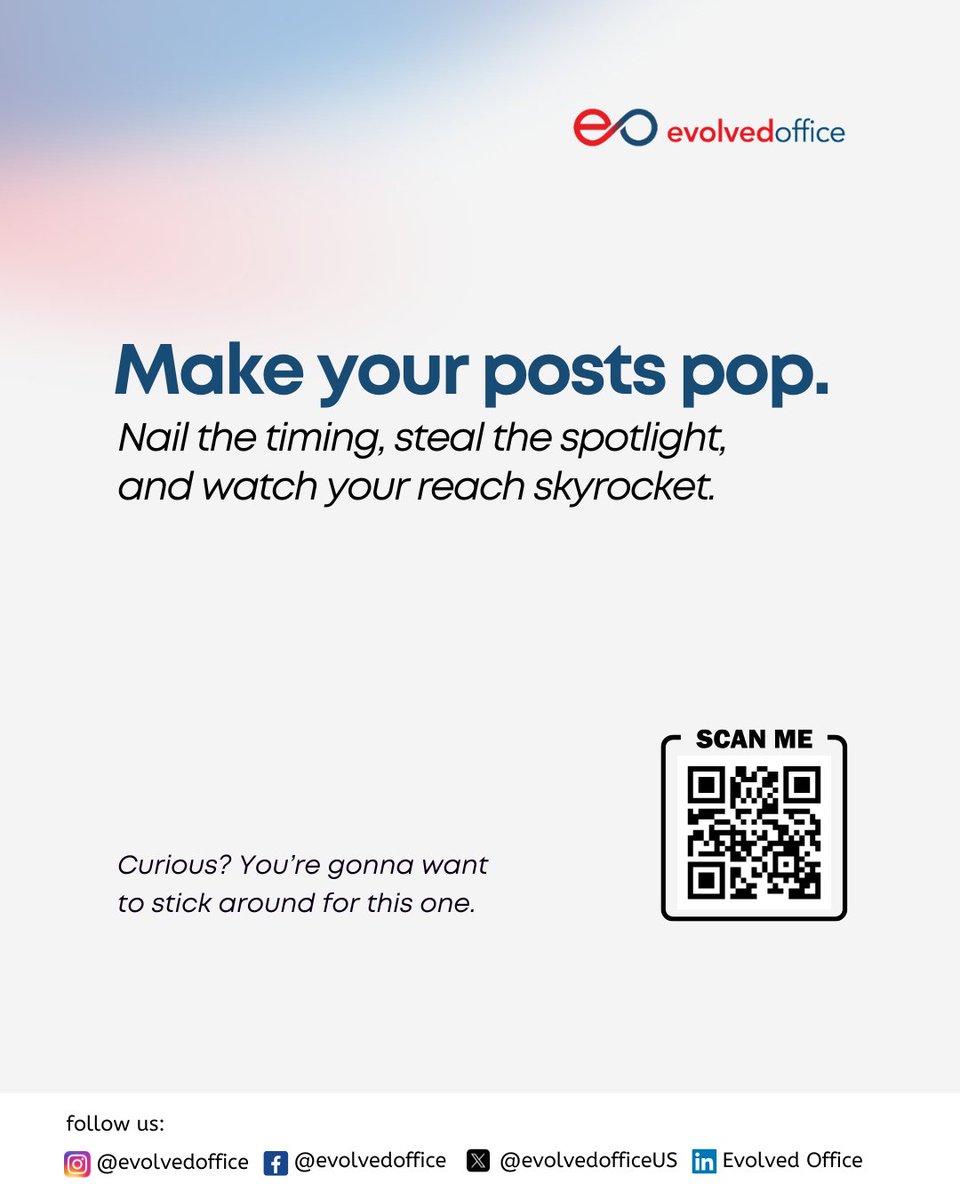 EvolvedOfficeUS's tweet image. Your post timing says A LOT about your biz. Hitting peak times can boost engagement by 20% (yes, TWENTY).

Wanna know when MSPs &amp;amp; BSPs should slay the visibility game? Find out here bit.ly/4e9KlYM 

#EvolvedOffice #GetEvolved #SocialMediaTips