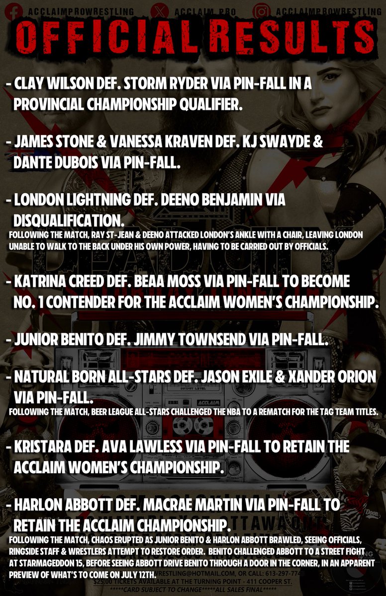 Thank you all for another exciting night of action!

Here are your official results from this past Saturday’s Dead City!

Acclaim returns on July 12th with our massive 15 year anniversary event, STARMAGEDDON 15—featuring the return of TNA’s ROSEMARY!

Full event details to come!