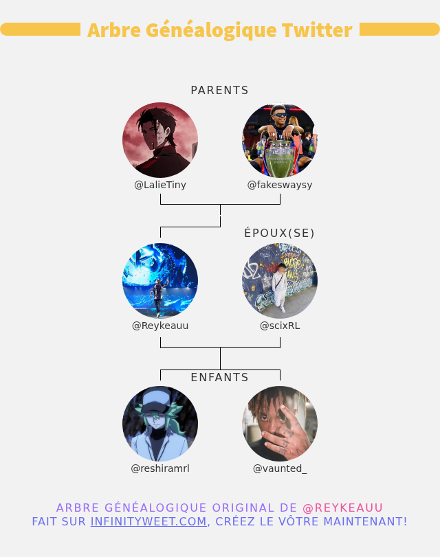 Reykeau (@reykeauu) on Twitter photo 👨👩👧👦 Ma Famille Twitter:
👫 Parents: <a href="/LalieTiny/">Lalie Tiny</a> <a href="/fakeswaysy/">fakeswaysy 🐝</a>
👰 Époux(se): <a href="/scixRL/">Scix</a>
👶 Enfants: <a href="/reshiramrl/">enzo9</a> <a href="/vaunted_/">vaunted</a>
➡️ infinityweet.me/family-tree?la… 👨👩👧👦 Ma Famille Twitter:
👫 Parents: <a href="/LalieTiny/">Lalie Tiny</a> <a href="/fakeswaysy/">fakeswaysy 🐝</a>
👰 Époux(se): <a href="/scixRL/">Scix</a>
👶 Enfants: <a href="/reshiramrl/">enzo9</a> <a href="/vaunted_/">vaunted</a>
➡️ infinityweet.me/family-tree?la…