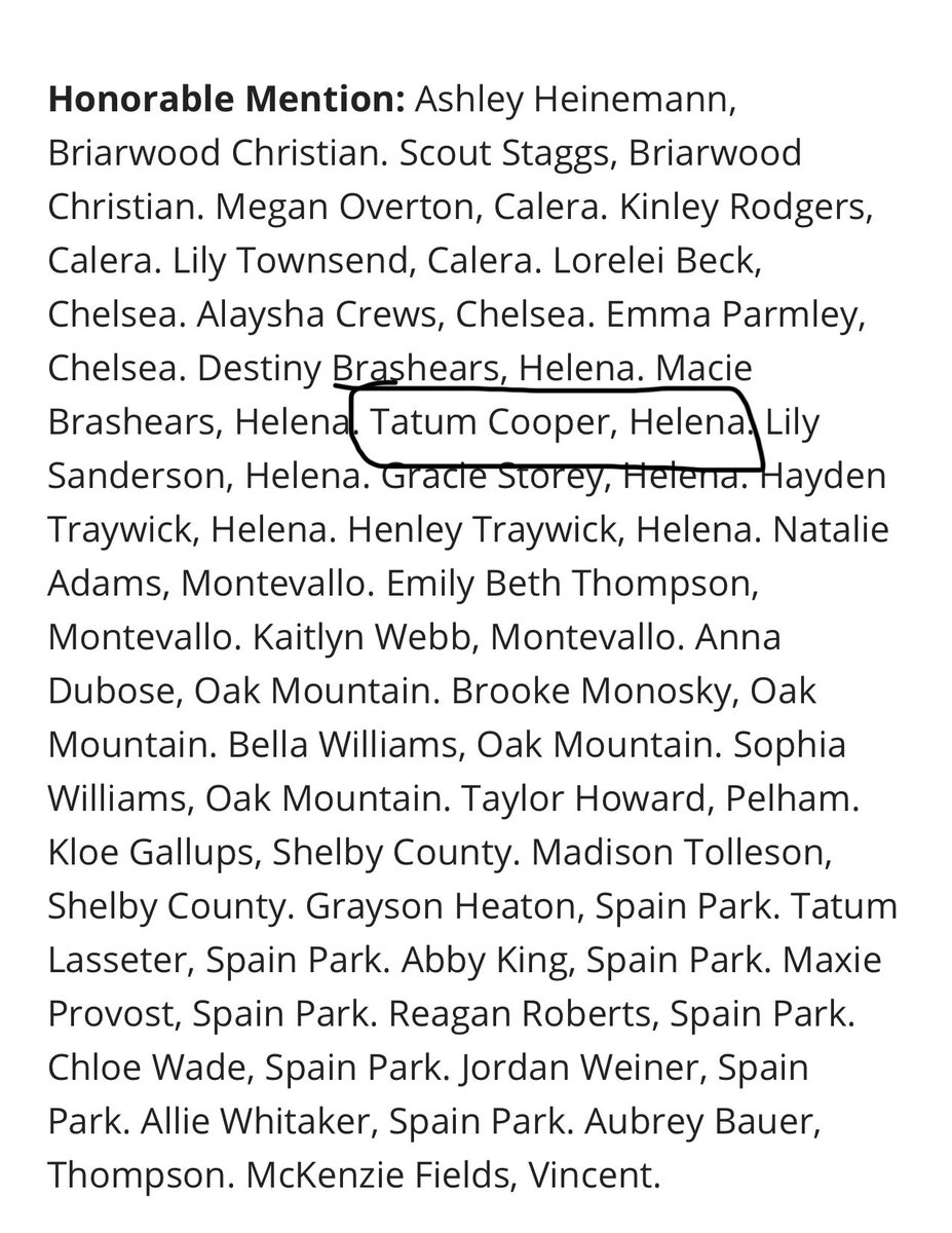 tatumcooper36's tweet image. Honored to earn Honorable Mention on the 2025 All County Softball Team by Shelby County Reporter!
Proud to be recognized alongside several of my Helena teammates after an unforgettable state championship season
Let’s keep working
#2026Grad #Shortstop #Utility #HelenaSoftball