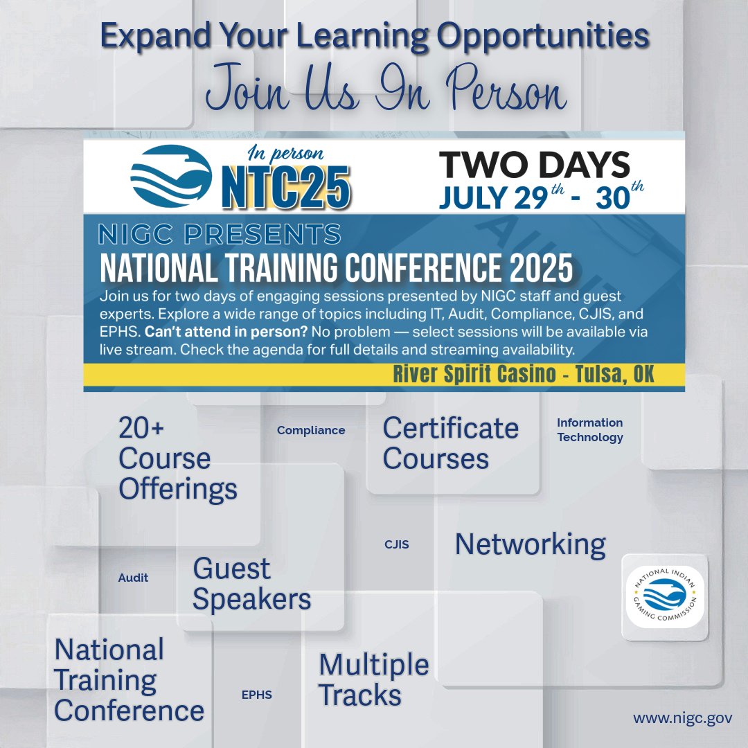National Indian Gaming Commission (@nigcgov) on Twitter photo Expand your learning opportunities—join NIGC in person this July in Oklahoma.
Register today: nigc.gov/calendar_main/… Expand your learning opportunities—join NIGC in person this July in Oklahoma.
Register today: nigc.gov/calendar_main/…