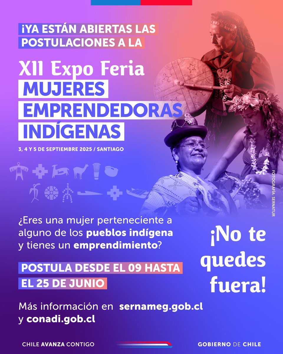 💜 ¡Ya están abiertas las postulaciones para la XII Expo Feria Mujeres Emprendedoras Indígenas! 
🗓️Postula hasta el 25 de junio.

📲 Conoce las bases y requisitos en sernameg.gob.cl y conadi.gob.cl