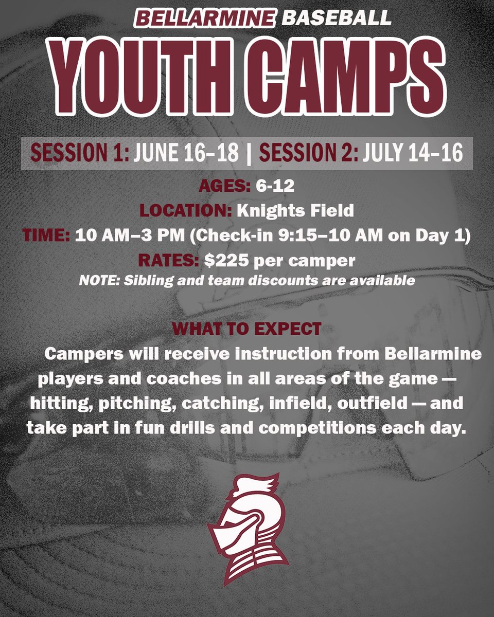 We’re just 1 WEEK AWAY from kicking off our first Bellarmine Baseball Youth Camp!

 Great opportunity for young players to learn the game, improve their skills and have fun with Bellarmine coaches and players.

 For more details &amp; to register, sign up at:
 bellarminebaseball.totalcamps.com/About%20Us